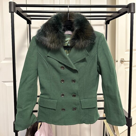 Green Pea Coat with Removable Fox Fur Collar - Picture 1 of 6